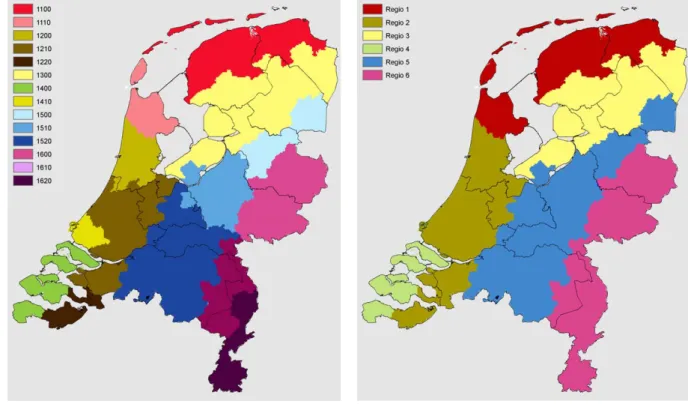 Figuur 1 Onderverdeling van Nederland in regio's. Aan de linkerkant staat de regio-indeling voor het ‘CAR  AMvB 2.0’-model, dat van 1998 tot 2002 gebruikt is