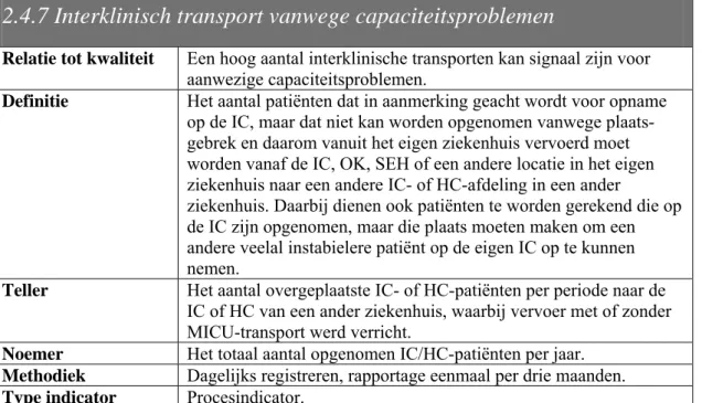 Tabel 10  Uitwerking indicator interklinisch transport vanwege capaciteitsproblemen