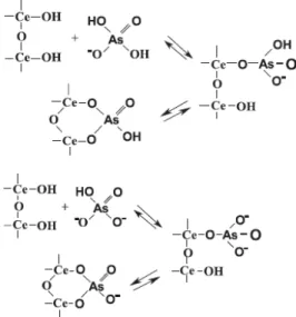 Figuur 6.2. Mechanisme van arsenaat adsorptie aan ceriumoxide (Peng et al., 2005) 