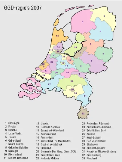 Figuur 4.1 GGD-regio's 2007 (bron: GGD-Nederland; www.zorgatlas.nl). 