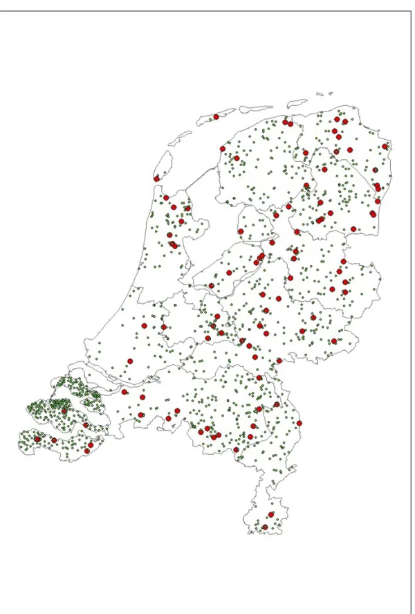 Figuur 5.  Overzicht van locaties opgenomen in de database. De rode cirkels geven de  locaties van AW2000 weer, de groene ruiten geven de overige locaties in de database weer