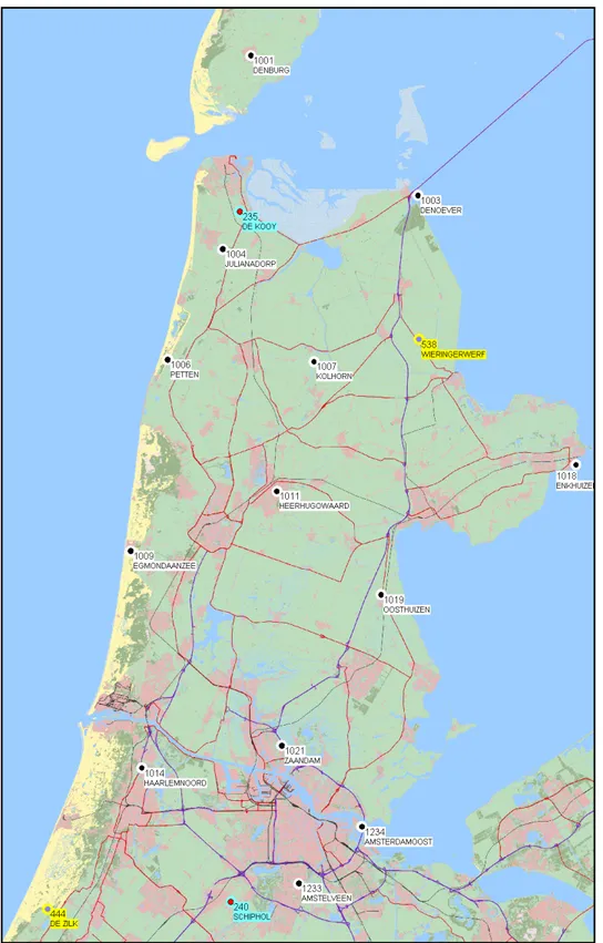 Figuur 6  Meetstations binnen een straal van 55 km rond Onderzoeks Locatie Petten van het  NMR (gamma: zwart met witte achtergrond; alfa/beta: violet met gele 