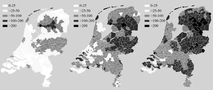 Figuur 3.6: Geografische verspreiding van erythema migrans in Nederland in 1994, 2001 and 2005