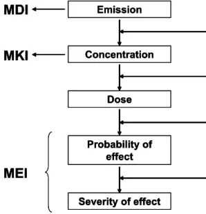 Figure 1  Illustrative outline of stages for the calculation of characterization factors for both human  health and ecosystem effects (after Krewitt et al., 2002) 