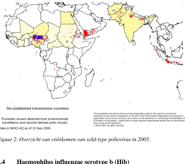 Figuur 2. Overzicht van vóórkomen van wild-type poliovirus in 2005. 