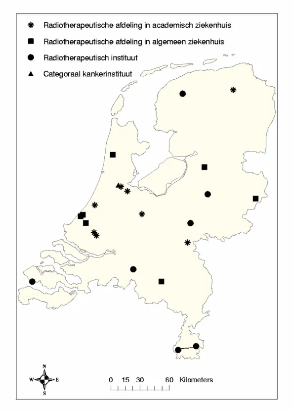 Figuur 2  Overzicht  van  de  23  locaties  van  radiotherapeutische  instellingen  in  Nederland in 2004