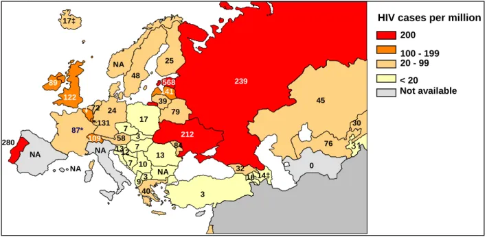 Figure 23: HIV infections newly diagnosed in Europe in 2004, per million population (source: 
