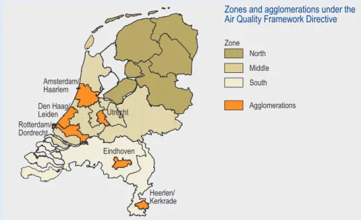 Figure 1.5 The division of the Netherlands into zones and agglomerations in accordance with the Air Quality Framework Directive (Van Breugel and Buijsman, 2001).