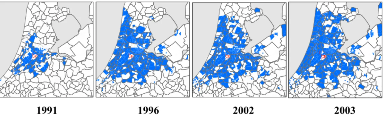Figuur 6  De ruimtelijke verbreiding van het gebied rondom Schiphol van waaruit  nachtklachten bij de CROS worden gemeld sinds 1991
