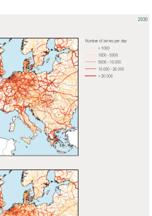 Figure 4 Interregional road transport in Europe in the  GLOBAL MARKET and  CARING REGION world views, 2030