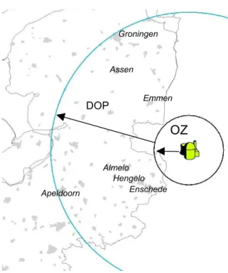 Figuur 5.4  Zonering OZ en DOP rond kerncentrale Emsland gebaseerd op  de maatregelen  van Duitsland