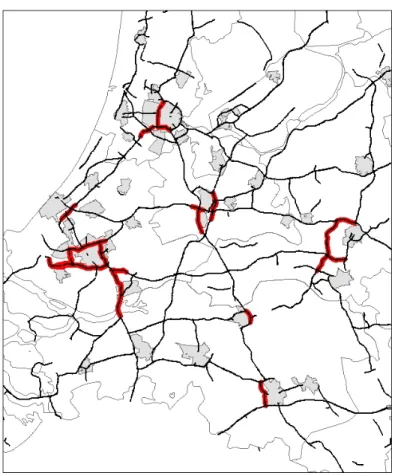 Figuur 3.5: Locaties met waarschijnlijke overschrijding NO 2 -norm langs rijkswegen in de referentievariant in 2020.