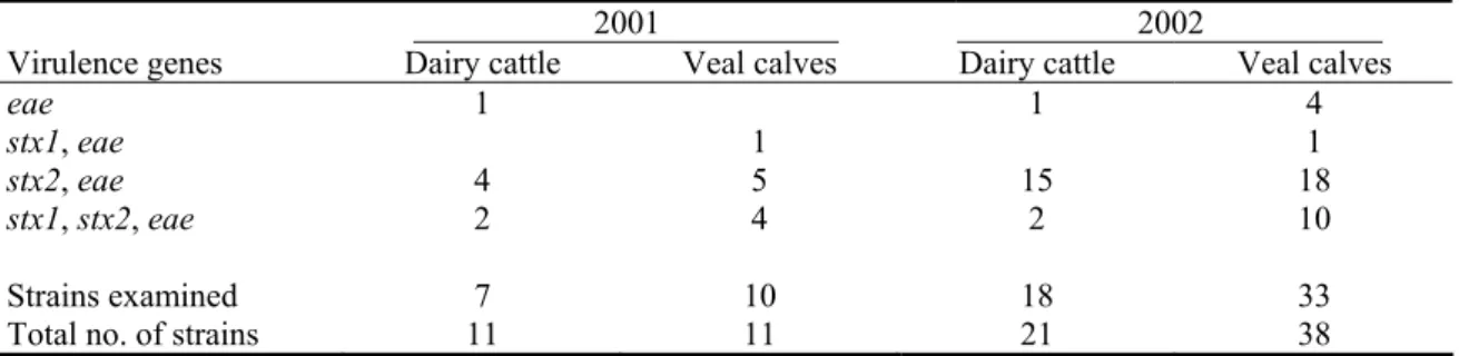 Table 3.5: Virulence genes detected with PCR analysis in E. coli O157 strains isolated from dairy cattle  and veal calves in the Netherlands in 2001 and 2002
