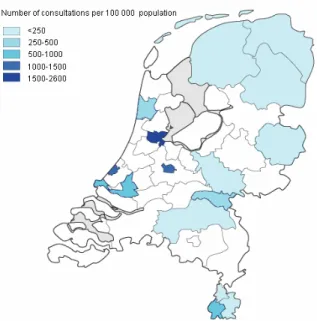 Figure 1:  Number of consultations per 100000 population, the STI sentinel surveillance  network, the Netherlands, 2003 