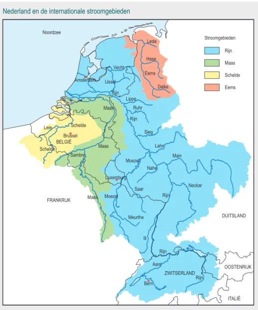 Figuur 2.3 Nederland ligt aan de monding van vier stroomgebieden, waarvan die van de Rijn het grootste is (Bron: RIZA).