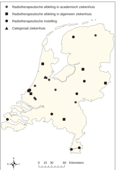 Figuur 1 Overzicht van de 23 locaties van 21 radiotherapeutische instellingen in Nederland.