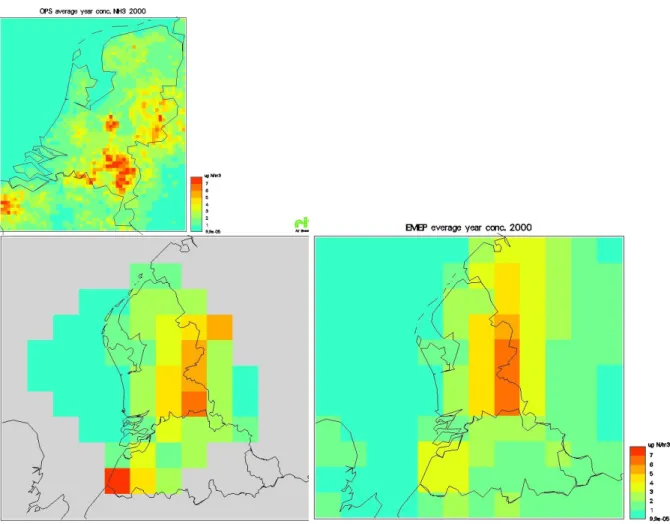 Figure 3.1. Air concentration of NH 3  (in µg m -3 ) in the Netherlands from the OPS model (top panel), from the OPS model converted to the EMEP grid (bottom left panel), and from the EMEP model (bottom right panel).