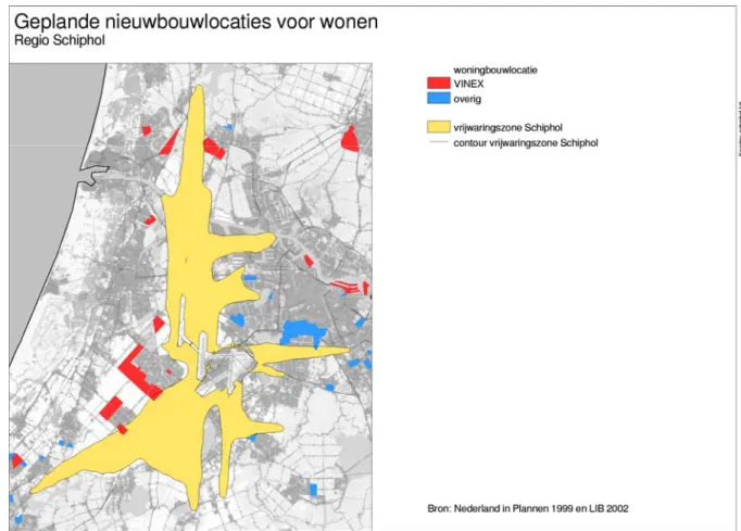 Figuur 6: Vrijwaringszone Schiphol en geplande woningbouwlocaties (NIP, 1999)