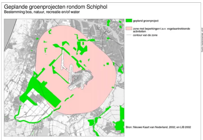Figuur 7: Gronden met beperkingen t.a.v. vogelaantrekkende activiteiten rondom Schiphol, gecombineerd met geplande groenprojecten de regio