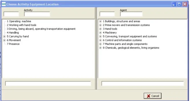 Figuur 3.7  Schermafdruk van de combinatie van activiteiten en agentia die een gebruiker kan selecteren om de  desbetreffende gevaren te vinden op basis van eerdere ongevallen