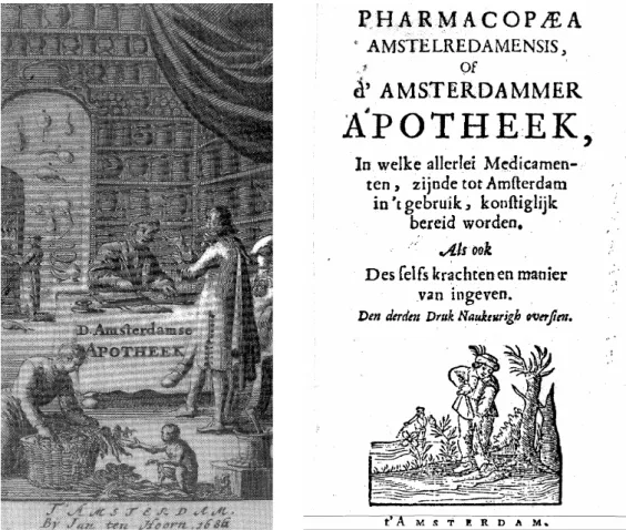 Figuur 2.3 Afbeeldingen van de eerste Amsterdamse Farmacopee; links een afbeelding in het boek, rechts de  titelpagina (2)  