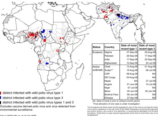 Figure 4  Wild poliovirus infected districts*, 15 April 2008 – 14 October 2008 