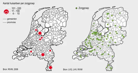 Figuur 3.1: Zorggroepen binnen de evaluatie (links) en in heel Nederland (peildatum juni 2009)  op basis van LVG, LHV en RIVM gegevens (rechts)