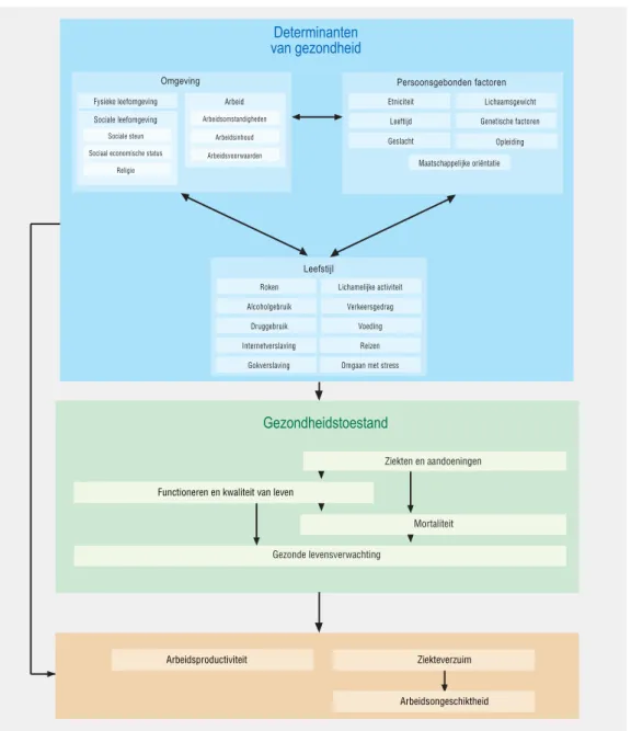 Figuur 2.2: Deel van het conceptueel model van de volksgezondheid uitgewerkt voor determinanten en  gezondheidstoestand, met toegevoegd ziekteverzuim, arbeidsongeschiktheid en productiviteit