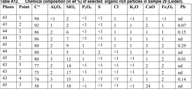 Table A12.  Chemical composition (in wt %) of selected  organic rich particles in Sample 29 (Leiden)