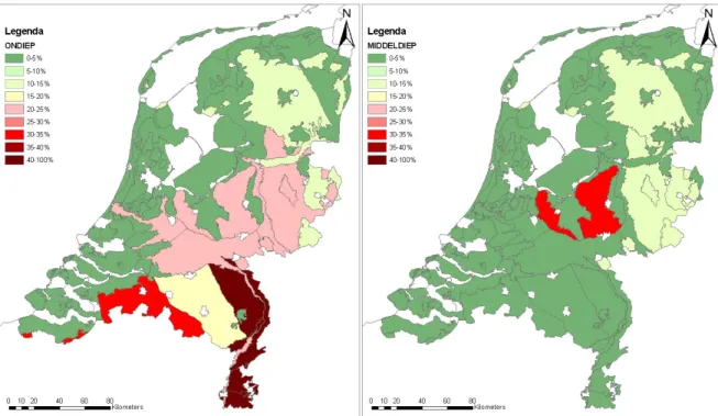 Figuur 3.6.A Gewogen percentage oppervlakte boven de streefwaarde in het jaar 2008 voor nitraat in het  ondiepe en middeldiepe grondwater per ecodistrictgroep