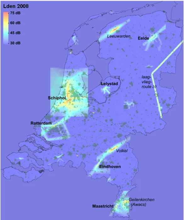 Figuur E: Overzichtskaart met de geluidbelasting door luchtverkeer in 2008. Bron: Geluidkaarten NLR/RIVM