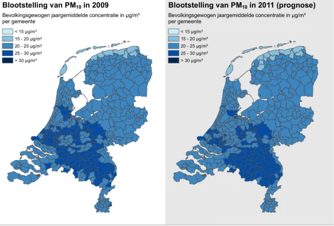 Figuur 16. Bevolkingsblootstelling aan PM 10  in 2009 en 2011 
