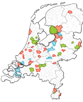 Figure 2.1 Selected municipalities in the study. Red and green municipalities are included in the nationwide  sample, in the green municipalities also over sampling of migrants took place