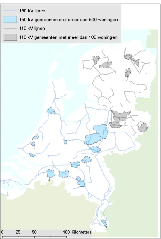 Figuur 8  Gemeenten met meer dan 500 woningen binnen de indicatieve zone voor de 150 kV en meer dan 