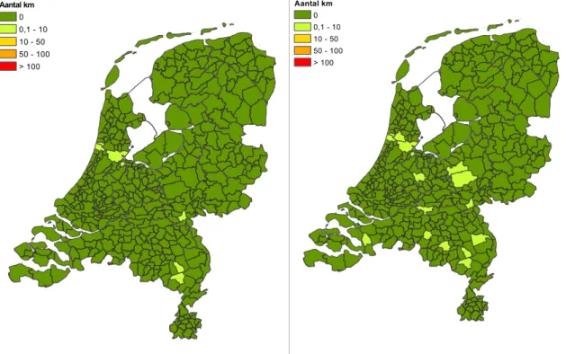 Figuur 3  PM 10 : Aantal overschrijdingen in 2011 getoetst aan de wettelijke  grenswaarde rekening houdend met de zeerzoutaftrek (links) en met  bandbreedte (rechts)