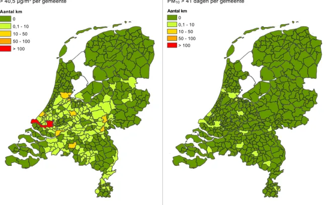 Figuur 4  Aantal overschrijdingen NO 2  (links) en PM 10  (rechts, exclusief  veehouderijen) berekend voor het gepasseerde jaar 2010   Per gemeente is geteld bij hoeveel toetspunten de berekende 