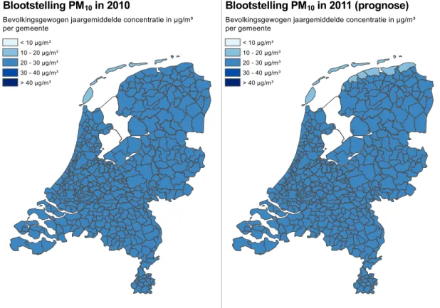 Figuur 14  Bevolkingsblootstelling aan PM 10  in 2010 (links) en 2011 (rechts)  De figuur geeft per gemeente weer wat de PM 10 -concentratie is  waaraan de bevolking gemiddeld per gemeente wordt blootgesteld