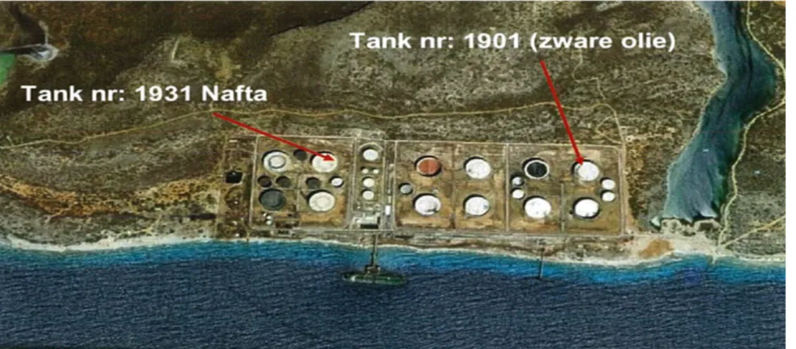 Figure 3 Detail of the BOPEC-facilities, with the naphtha tank (“1931 – Nafta”) and the crude  oil tank (“1901-zware olie”) which caught fire