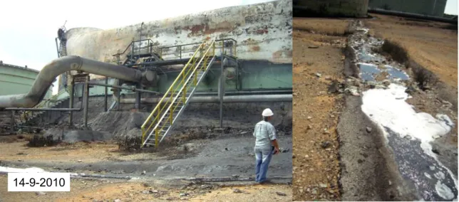 Figure 6 The situation near the burnt naphtha tank after the fire. Debris, probably of oil, water  and foams, have leaked from the tank to the premises