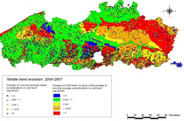 Figure 6 Nitrate trend for agriculture-influenced phreatic groundwater in  Flanders for the period 2004-2007
