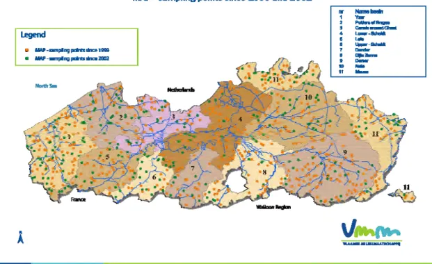 Figure 8 Surface water monitoring points in Flanders within the MAP network  since 1999 and since 2002