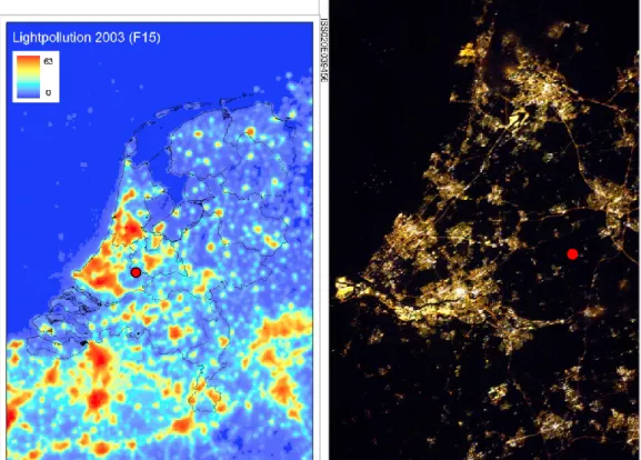 Figure 11: Left: Average light emissions from the Netherlands as measured by the Defense  Meteorological Satellite Program – Operational Linescan System (DMSP-OLS) no