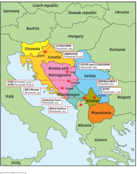Figure 1.1. Map of main Balkan missions of the Army and Military Police in for- for-mer Yugoslavia (including double counting of military personnel if deployed more  than once)