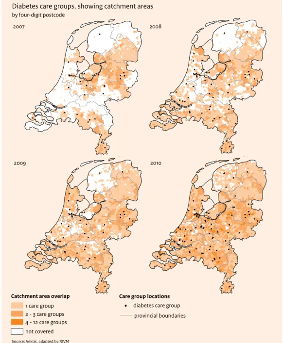 Figure 2.1 Geographical diffusion of care groups with diabetes management programmes covered by bundled  payment contracts, 2007- 2010 (showing catchment areas)