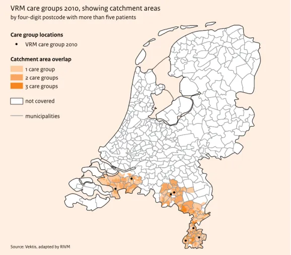 Figure 3.1 Geographical distribution of care groups with bundled payment VRM programmes, 2010 (also showing  catchment areas).