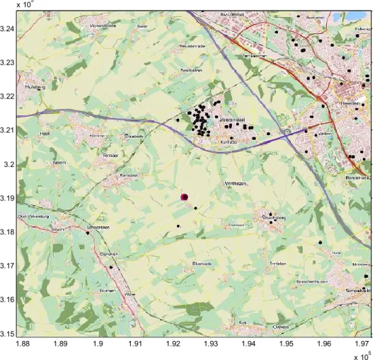 Figure 2: Map of modelled domain around Voerendaal. Red dot: farm. Black  dots: human cases of Q fever reported in 2009
