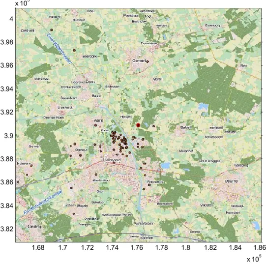 Figure 14: Map of modelled domain around Helmond. Red dot: farm. Brown  dots: human cases of Q fever reported in 2008