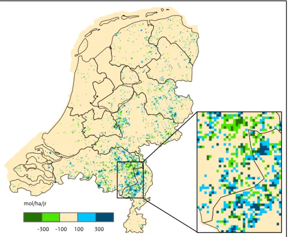 Figuur 3.8 Verschil in stikstofdepositie tussen de nieuwe en oude verdeling van de emissies uit stallen.