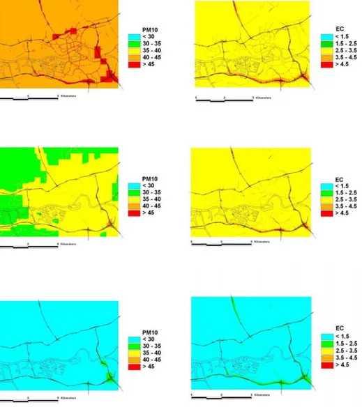 Figure 13 The annual average concentrations of PM 10  (in ug/m3) in Rotterdam  for 1985 (top left), 1995 (middle left) and 2008 (bottom left)
