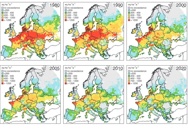 Figure 1.6 Areas where critical loads for eutrophication are exceeded by nutrient nitrogen depositions caused by emissions between  1980 (top left) and 2020 (bottom right), the last projected under the Revised Gothenburg Protocol (RGP).